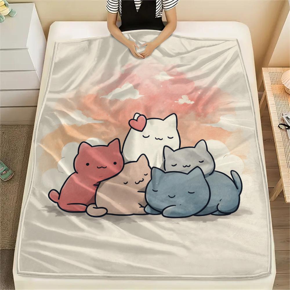 Stacked Cats Print Flannel Blanket, High quality Comfortable for All Seasons, Home Decor, Warmth and Comfort
