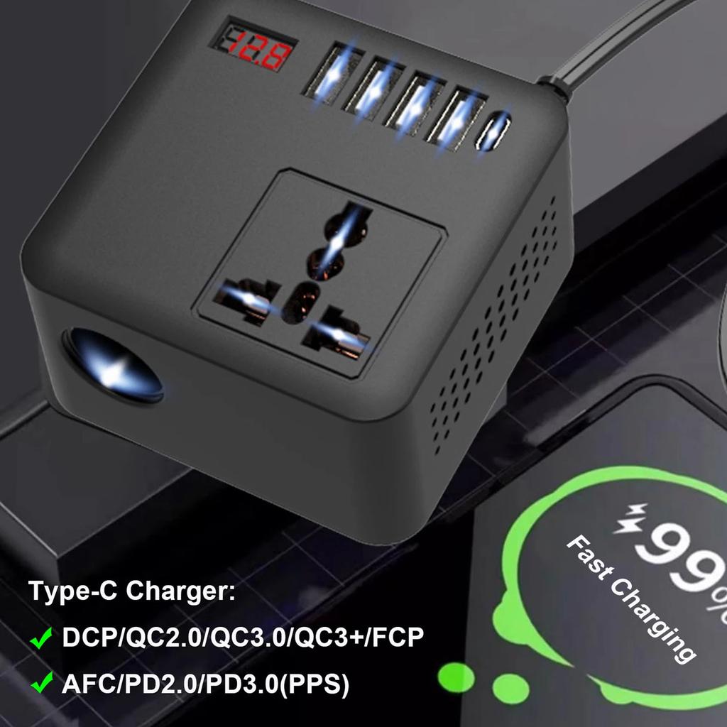 Efficient 12V 24V To 110V 220V Electricity Changer with 4 USB Ports & Type C Automotive Power Adapter for Road Trips