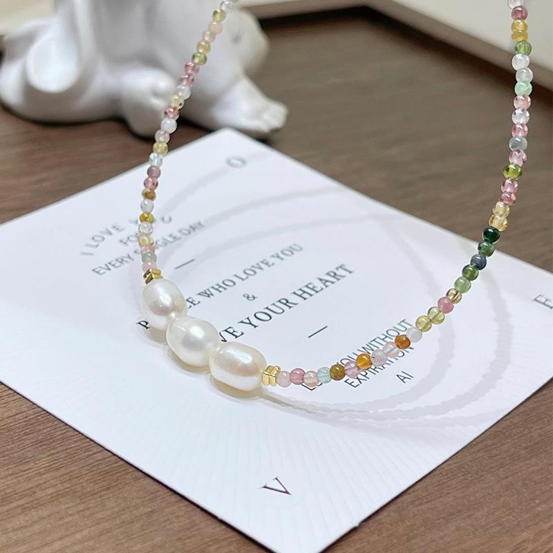 Qiaoen 2mm Turmalin Bonbonfarben Halskette mit Süßwasserperlen - Damen Französischer Retro-Stil