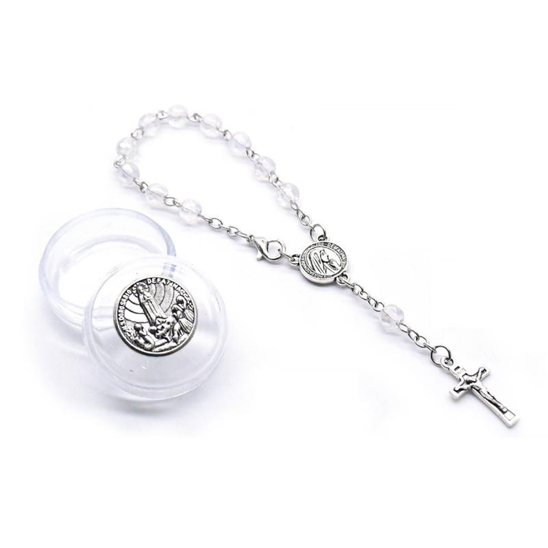 QIGO One Decade Rosary Crystal Bracelet Crucifix Cross Religious Jewelry With Fatima Box For Men Women
