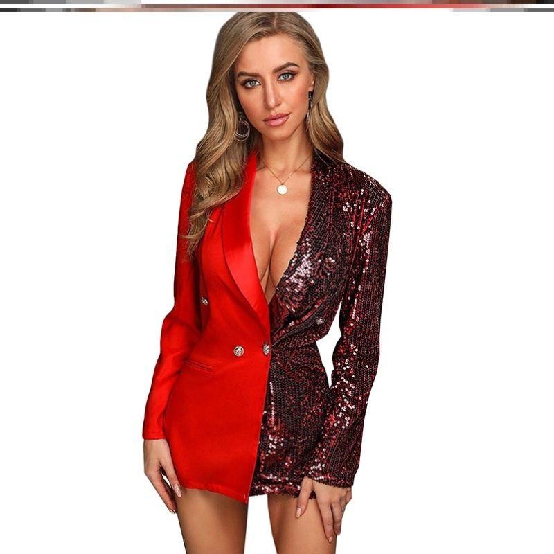 

Autumn Leisure Patchwork Suit Jacket with Sequins I-Red-K24 S