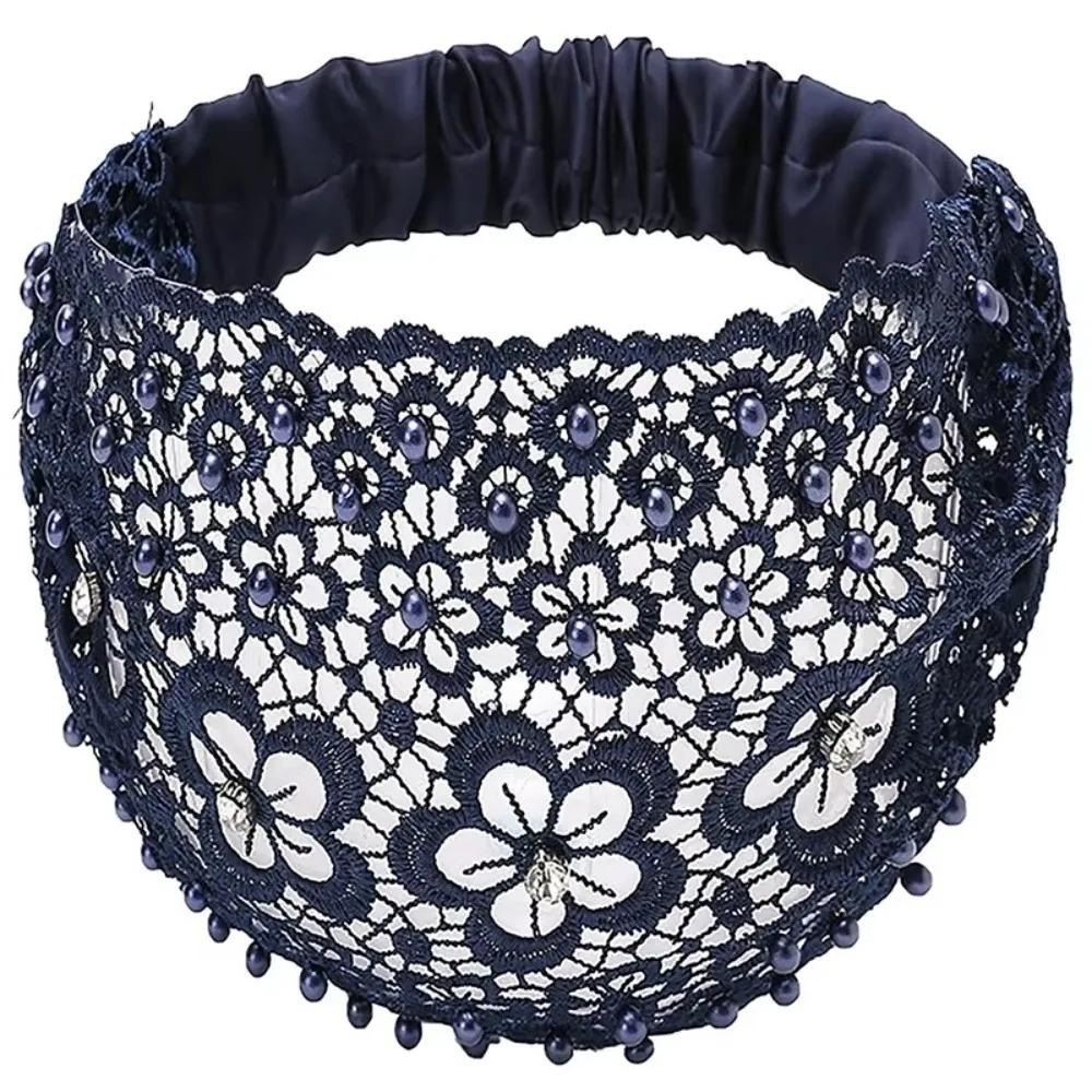 Crystal Pearl Floral Beaded Headbands Lace Hollow Pattern Plum Blossom Headband Stretchy Breathable Baotou Hat Hair Accessories