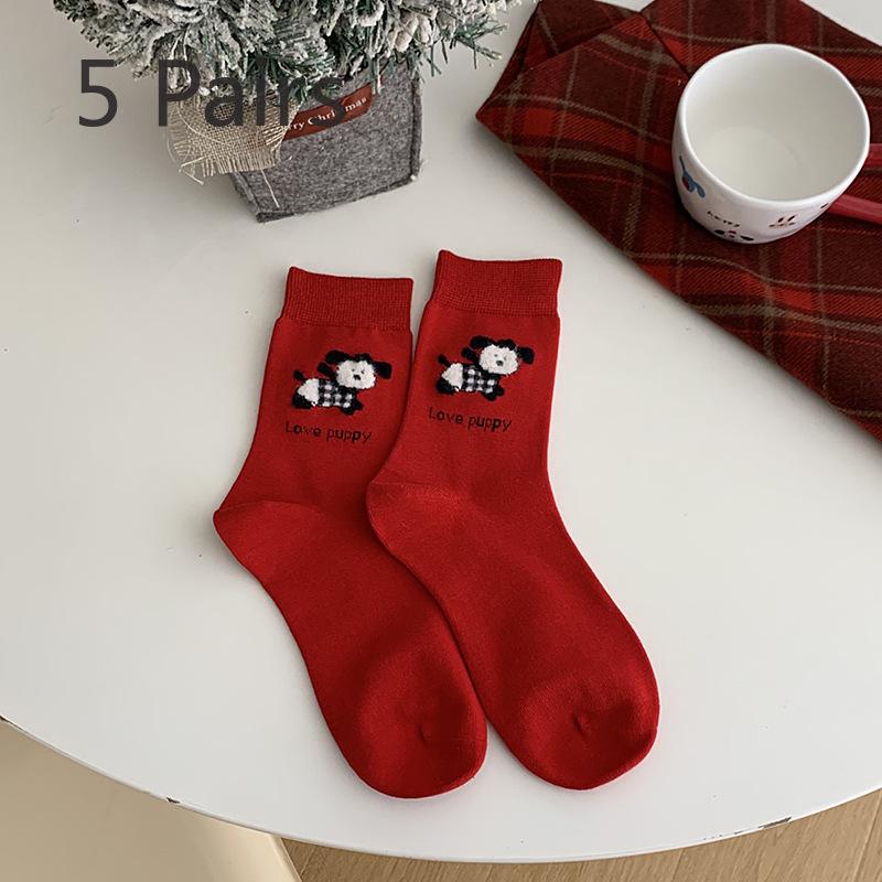 5 Pairs of Female Autumn and Winter Animal Red Mid Tube Stocking