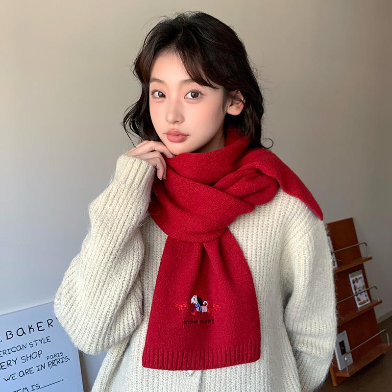 New red scarf women's winter new cute embroidery warm and cold wool Christmas scarf