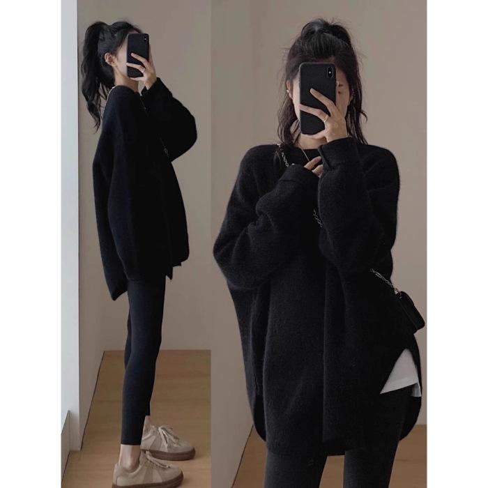 Split sweater gently knitted women's autumn and winter new lazy wind top soft waxy warm knitted sweater