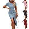 Summer Beach Dress Women Casual Long Slit Slim Fit Round Neck Pleated Short Sleeve Fashion
