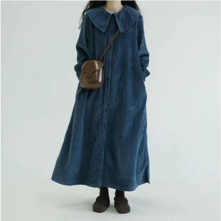 

Solid Color Sailor Collar Loose Long Sleeve Retro Corduroy Slim Button Long Comfortable Lightweight Recognition Elegant with Flattering Chic Dress M синий