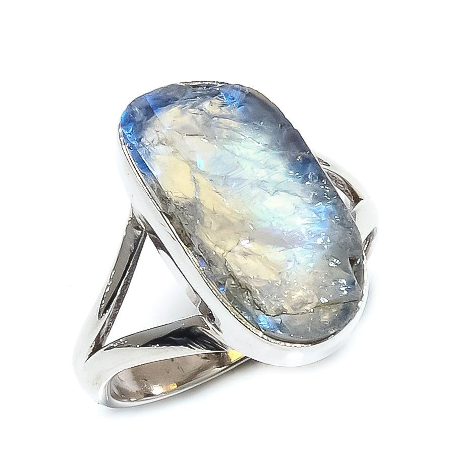 Natural Rainbow Moonstone Gemstone 925 Solid Sterling Silver Ring Size 8.5 o8q41