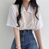 Summer Polo Lapel Fake Two-piece College Style Contrasting Color Short-sleeved T-shirt Women's Loose Casual Versatile Top Ins
