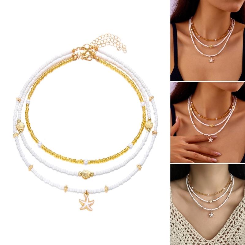 Fashionable Natural Shell Pearls Elastic Jewelry Triple Wear Neck Chain Wrist Ankle Decoration Coastal Styles Use