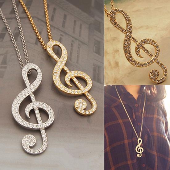 Fashion Women Fully Rhinestone Music Note Pendant Long Chain Sweater Necklace