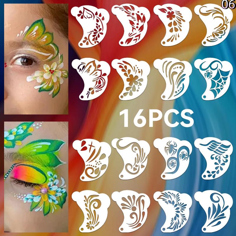16Pcs Face Painting Tattoo Stencil Set Reusable Hollowed Body Art Paint Stencils Diy Eyebrow Templates Hand Drawn Spray Painting