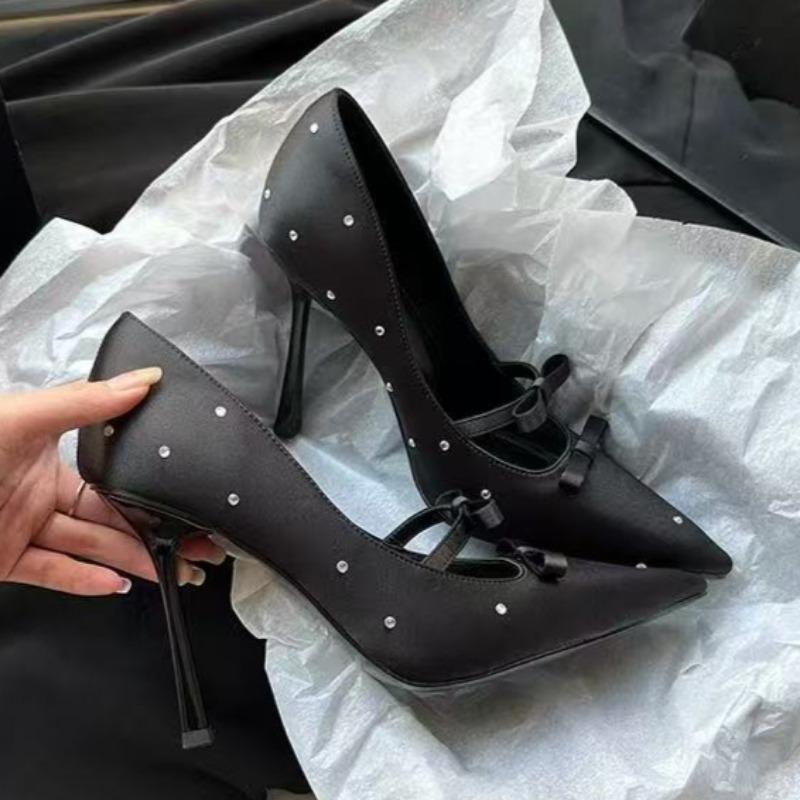 Fashion Women's Slim Heel Shoes Spring New Pointed Head Shallow Mouth Crystal Butterfly Knot Anti-slip Wear-resistant High Heels