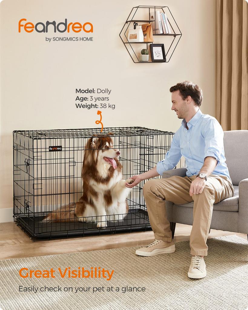 FEANDREA Dog Cage, Dog Crate with 2 Doors, 122 X 74.5 X 80.5 Cm, Black