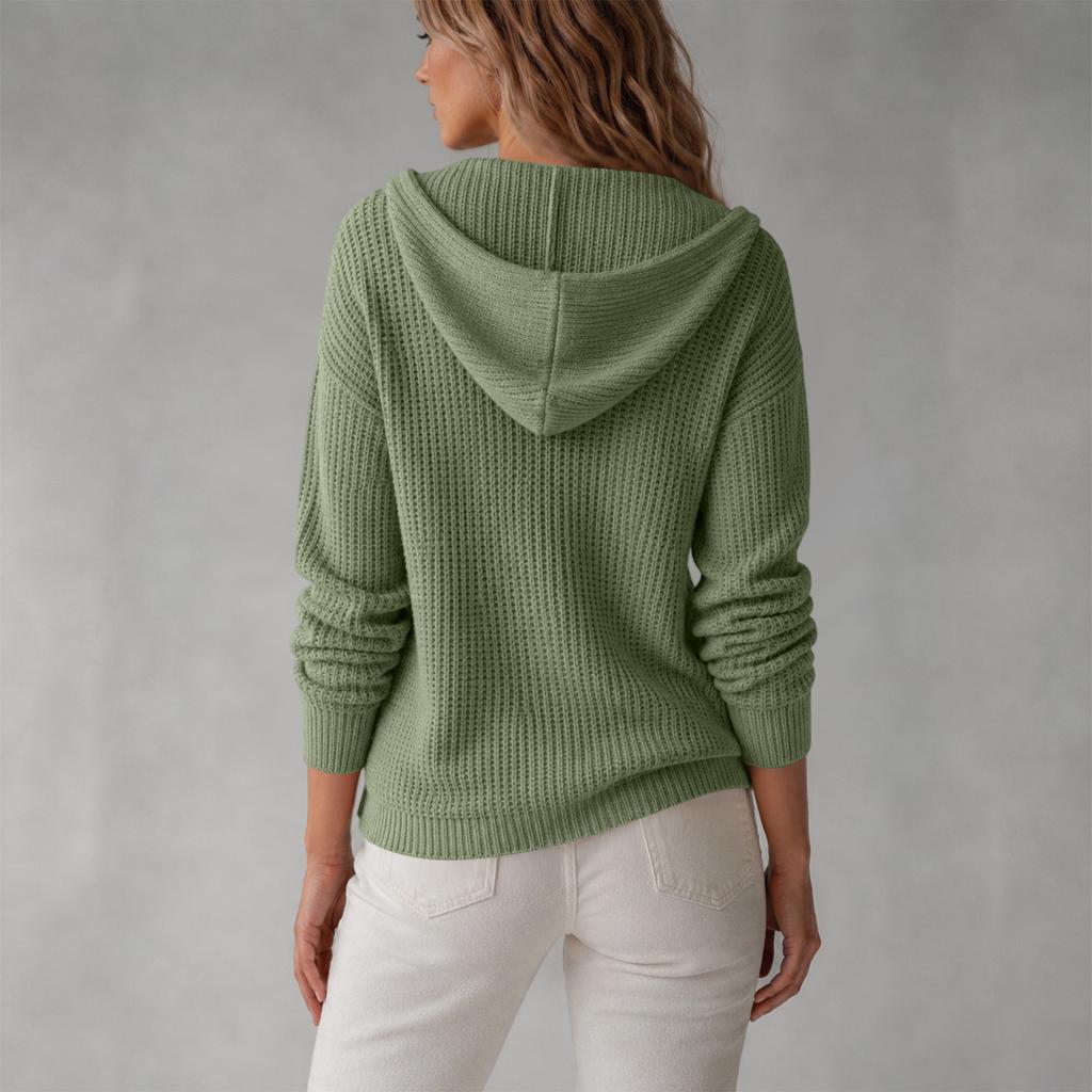 Women's Hooded Knit Cardigan Color Loose Fit Lightweight Outerwear Top for Casual Everyday Wear