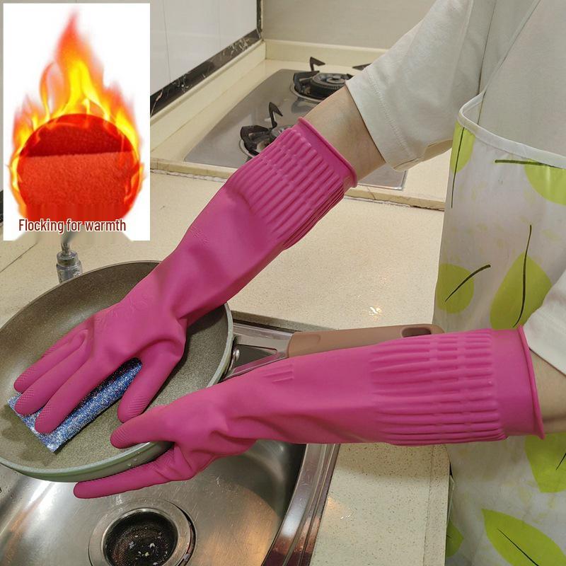 Extra Long Fleece-Lined Latex Dishwashing Gloves - Durable, Thickened Rubber for Household Cleaning