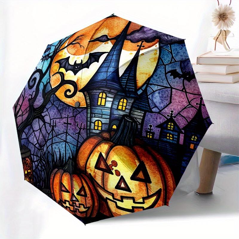 Halloween Stained Glass Window Decal - Spooky Pumpkins, Bats, Haunted House, Moon, Umbrella