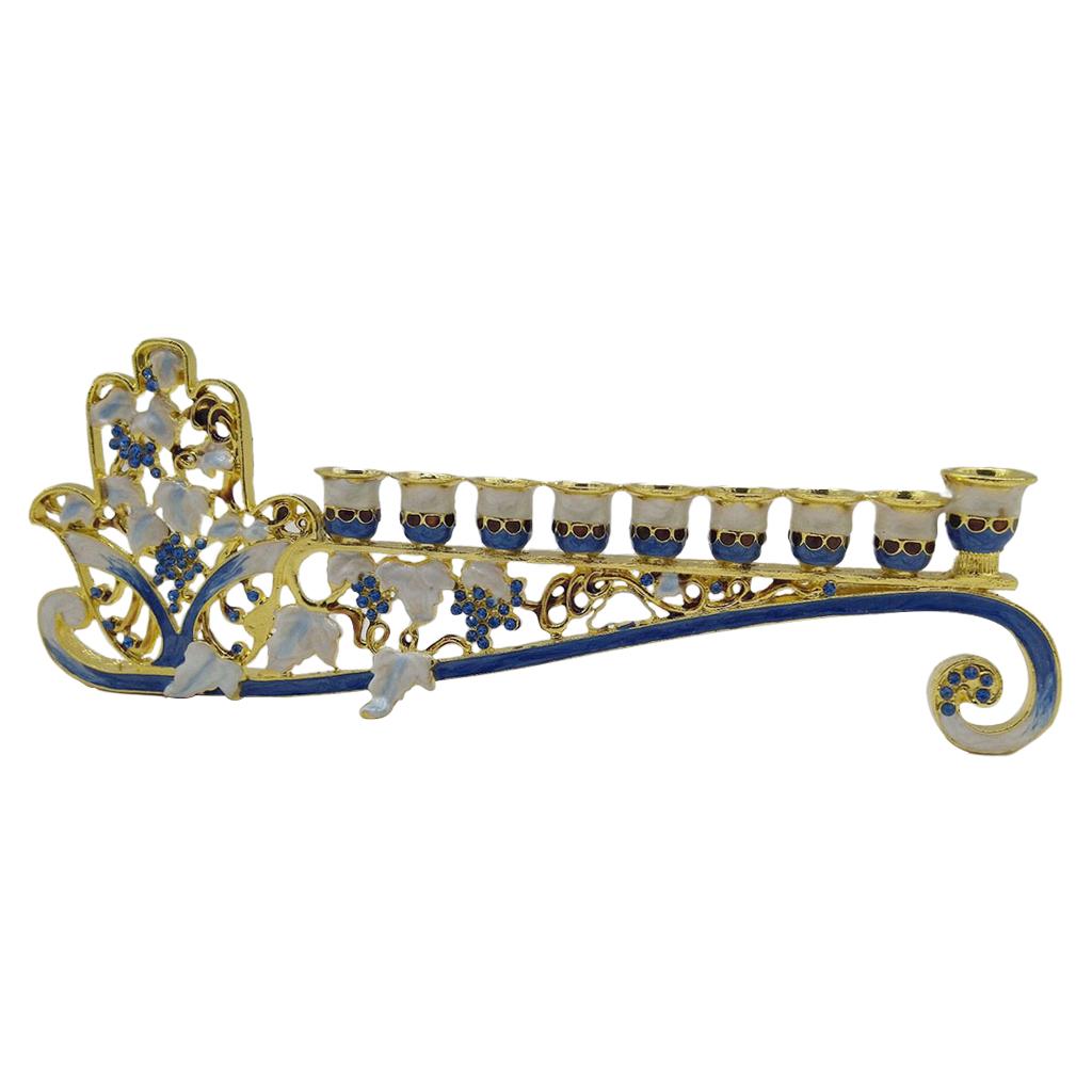 Hand Painted Enamel Floral Hanukkah Menorah Candlestick 9 Branch Candelabra Embellished with Crystals Home Decor