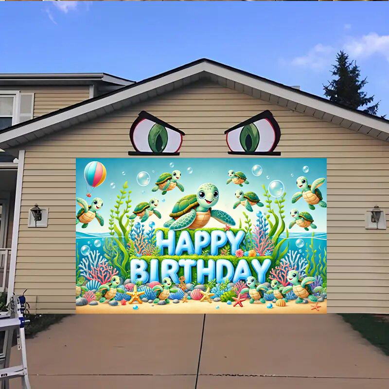 Un pezzo piatto 2D di una tartaruga di buon compleanno a tema oceano, sfondo in poliestere adatto per feste e decorazioni esterne