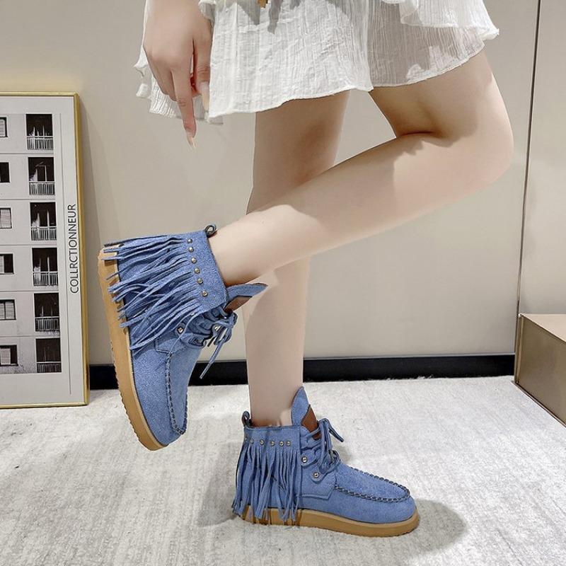 Large size retro fringed short boots for women's autumn and winter new wind lace-up flat-bottomed Zhuotian short boots for women
