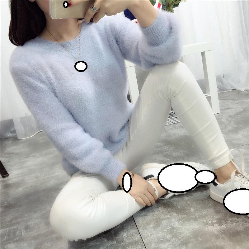 Zimní imitace norkové vlny fleecový dámský svetr s kulatým výstřihem, dlouhým pufovaným rukávem, elastický, ležérní pletený dámský pulovr, jednobarevný