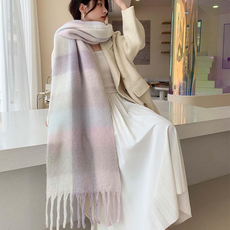 Winter New Scarf Women's Winter Thickened Warm Scarf Colored Plaid Fringed Scarf Shawl Fashionable Outer Cover