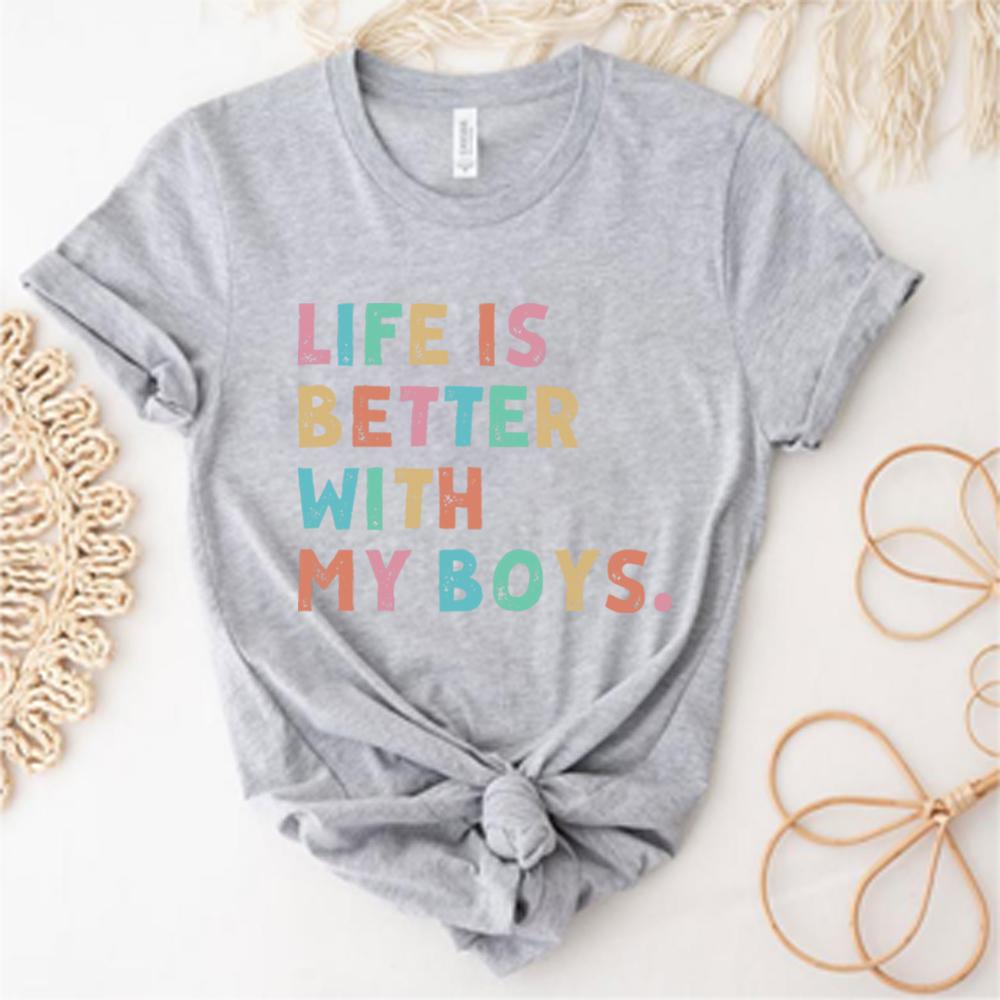 Life Is Better with My Boys T Shirt Mom of Boys Tshirt Mama Boy Shirts Fashion Women Short Sleeves Tops Mothers Day Gift
