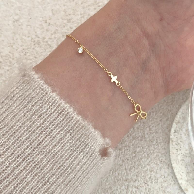 Sterling Bow Knot Bracelet Women Minimalist Cross Pendant Fashion Jewelry