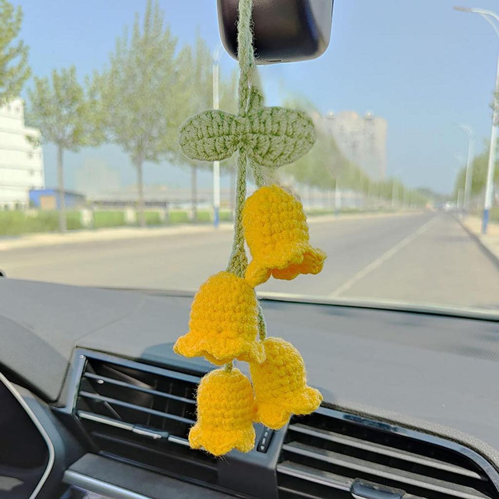 Cute Hand Knitted Bell Flower Car Accessories for Women, Car Mirror Hanging Accessories, Rear View Mirror Hanging Pendant