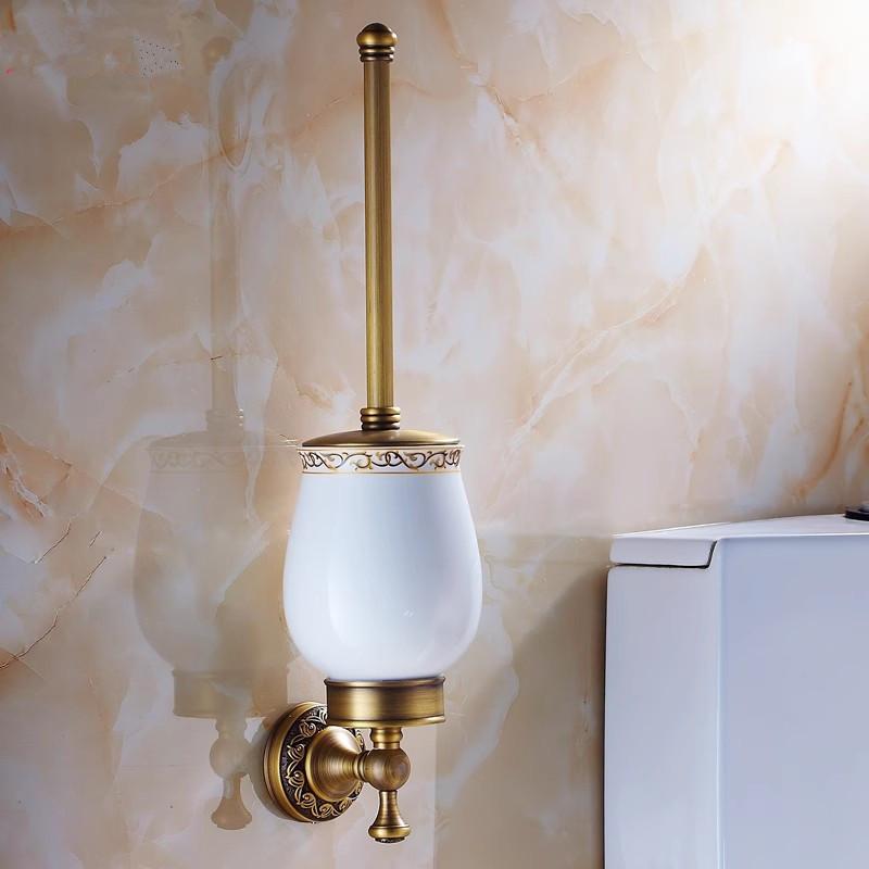 Suporte para escova de vaso sanitário em bronze antigo com escova esculpida em latão para banheiro e conjunto de suporte para escova de limpeza