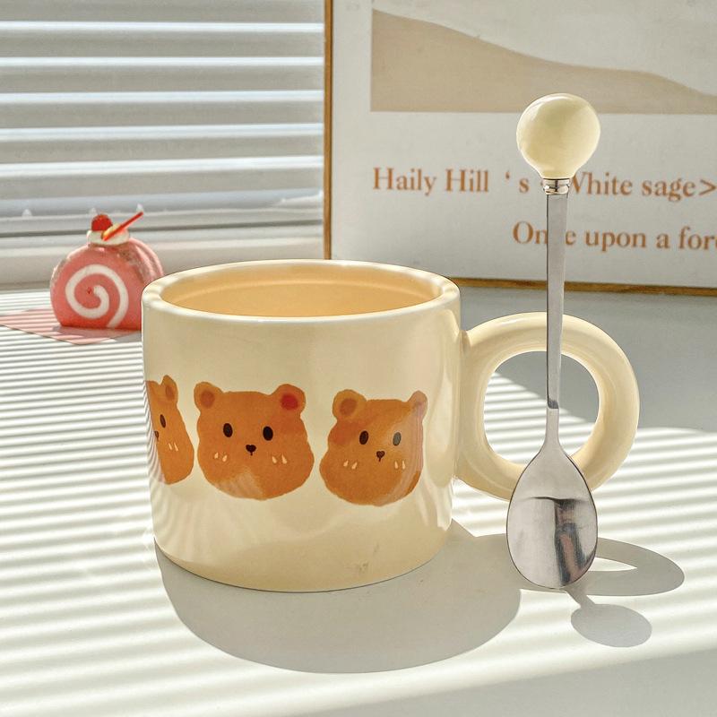 Cute milk fufu bear cup with spoon niche design couple ceramic mug appearance value home breakfast coffee cup