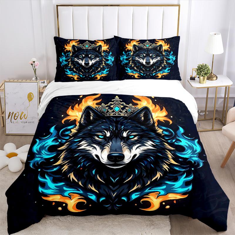 3pcs Flame Crowned Wolf Quilt Cover Set (1 Quilt Cover + 2 Pillowcases Without Pillow Core), High-Definition Printing for Home and Dormitory.J048