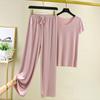Damen Eleganter V-Ausschnitt Eisseide Kurzarmanzug Lässige Gerade Hose Zweiteiliges Outfit Lange Hose mit Kordelzug Kurzarmhemd