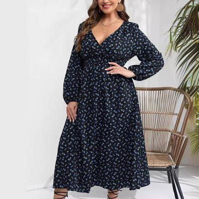 Floral Print Long Dress for Women V-neck Long Sleeve Elastic High Wasit Maxi Dress Casual Fashion Breathable Lightweight Soft Work Plus Long Dress