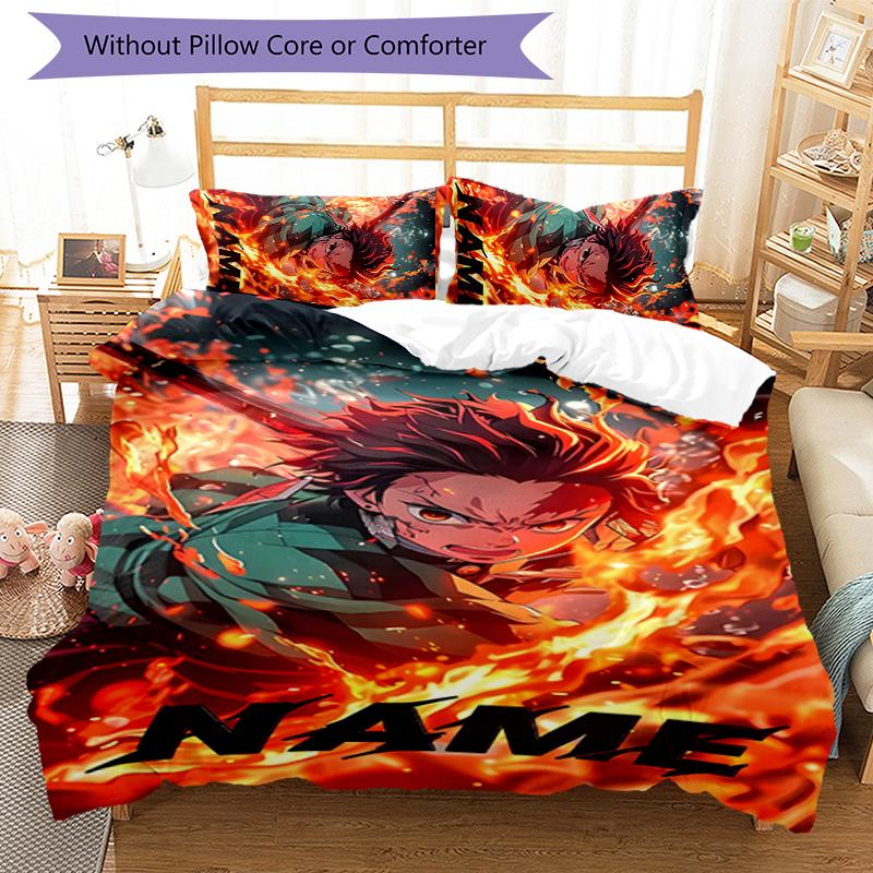 3pcs Custom Name Demon Slayer Tanjiro Bedding Set Duvet Cover Closure Includes 1 Duvet Cover & 2 Pillowcases for All Seasons Bedroom Decor