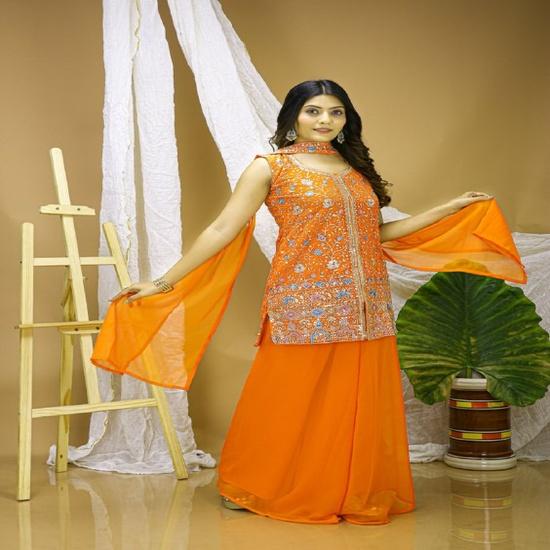 Vibrant Orange Embroidered Sleeveless Sharara Set with Dupatta S
