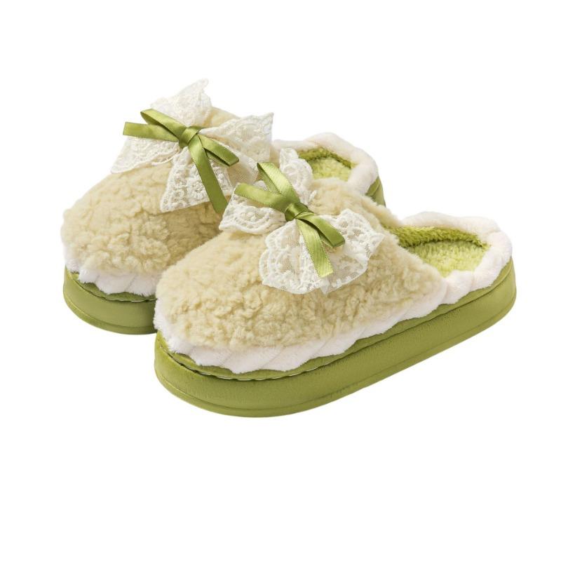 Bow New Cotton Slippers Women's Winter Indoor Home Soft Sole Non-slip Warm Plush Thick-soled Confinement Shoes