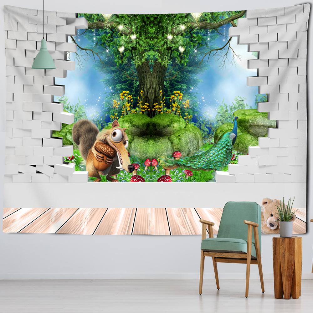 Bamboo Forest Cottage Window Painting Tapestry Wall Hanging Bohemian Sika Deer Aesthetics Room Home Decor