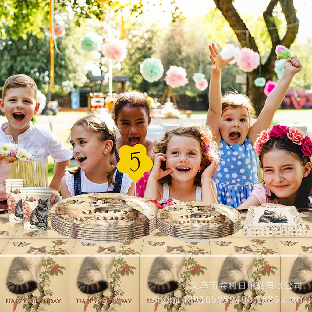 Vintage Cat Themed Party Supplies Birthday Decoration Cat Disposable Paper Plate Paper Cup Paper Towel Tablecloth Knife Fork Spoon