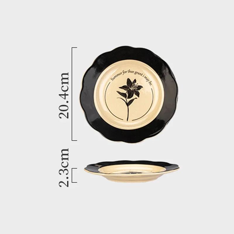 Retro Flowers Ceramic Plate Light Luxury Restaurant Steak Plate Afternoon Tea Dessert Fruit Plates Exquisite Black Tableware