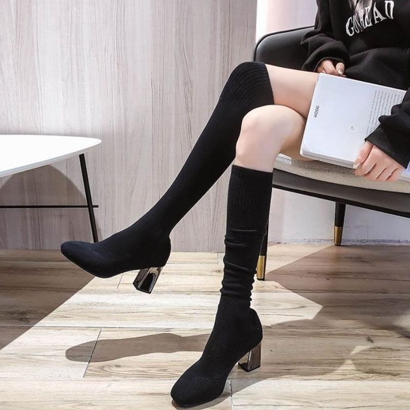 Fashion Autumn Winter Elegant Heeled Knitted Elastic Sock Above Over The Knee Shoes Woman Gothic Square Toe Thigh High Boots for Women