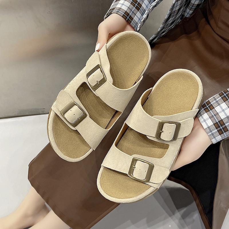 Leather Word with Slippers Women Wear New Retro Muffin Thick Sole Heightening Boken Sandals