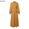 ZANZEA Elegant Women Stand Neck Puff Sleeve Buttons Slim Waist Casual Loose Long Pleated Dress