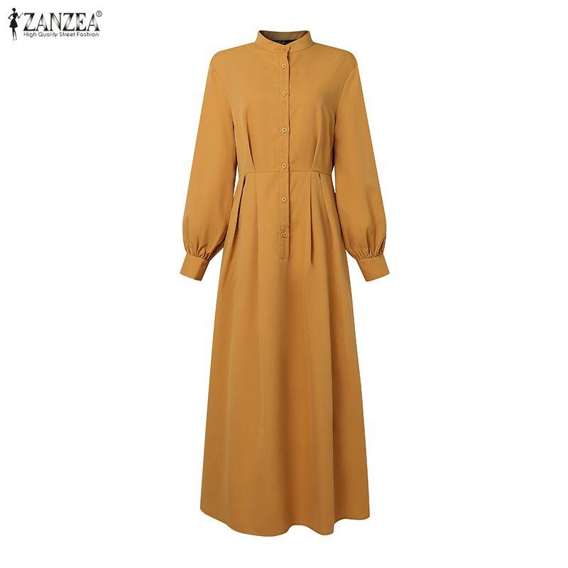 ZANZEA Elegant Women Stand Neck Puff Sleeve Buttons Slim Waist Casual Loose Long Pleated Dress