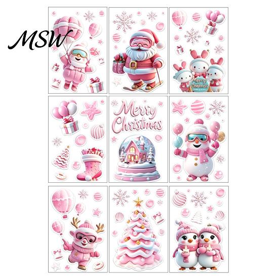 Santa Claus Window Decor 9Pcs Pink Christmas Static Clings, Snowman Bunny Penguin Glass Party Decorations Decals, Reusable Xmas Stickers, Holiday for