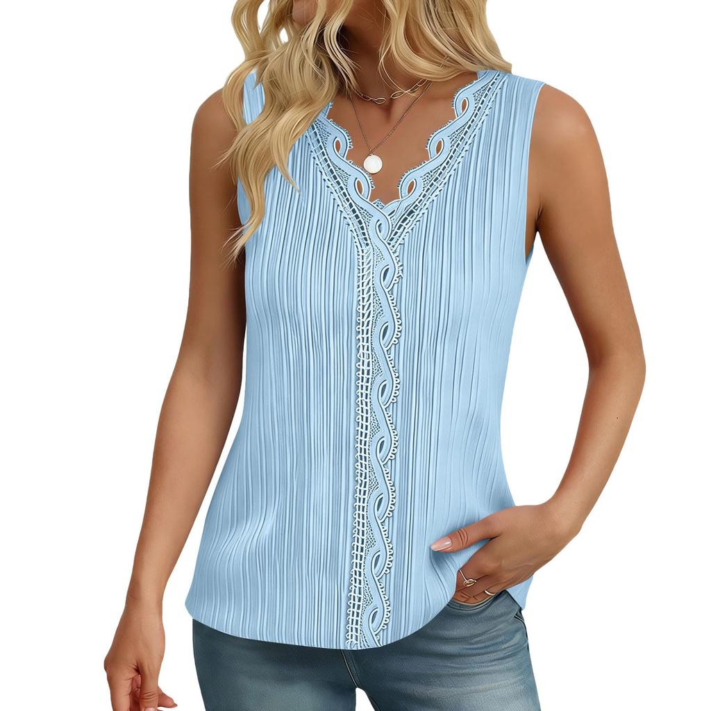 Women Loose V Neck Sleeveless Going Out Casual  Lace Trim Tank Tops