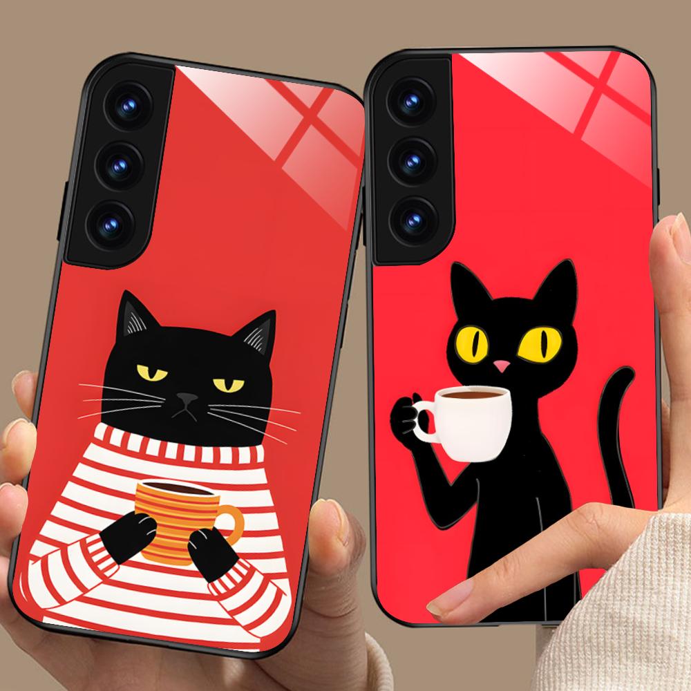 Süße Kaffee-Katze Glas Handyhülle für Samsung Galaxy A56 55 54 53 52 51 36 35 34 23 16 15 5G Buntes Cover