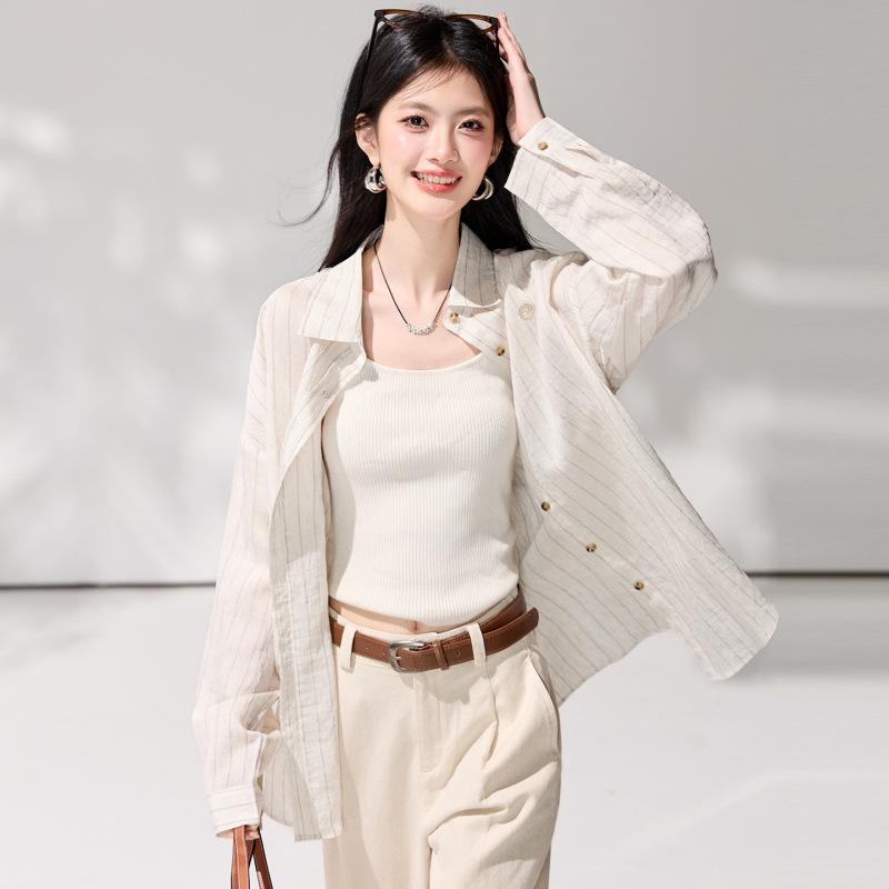 2026 Spring Women's Striped Cotton Linen Sun Protection Shirt - Loose, Long Sleeve, Mid-Length Outerwear Top