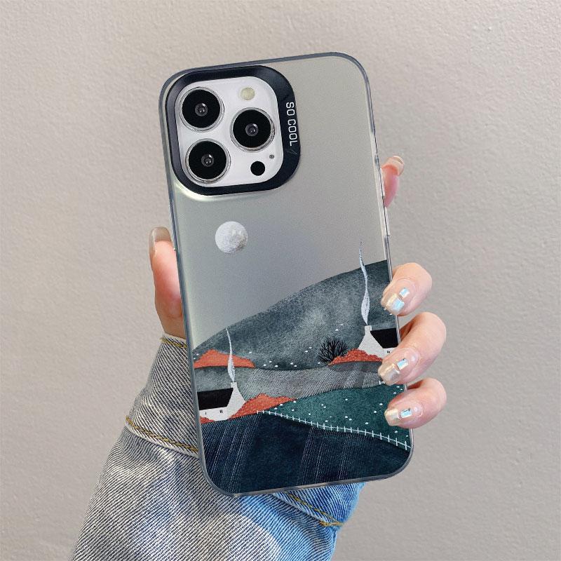 Mountain Landscape Cottage Minimalist Style Painting Phone Case For IPhone 16 15 Plus 16 15 14 13 12 11 Pro Max Mini Laser Cover