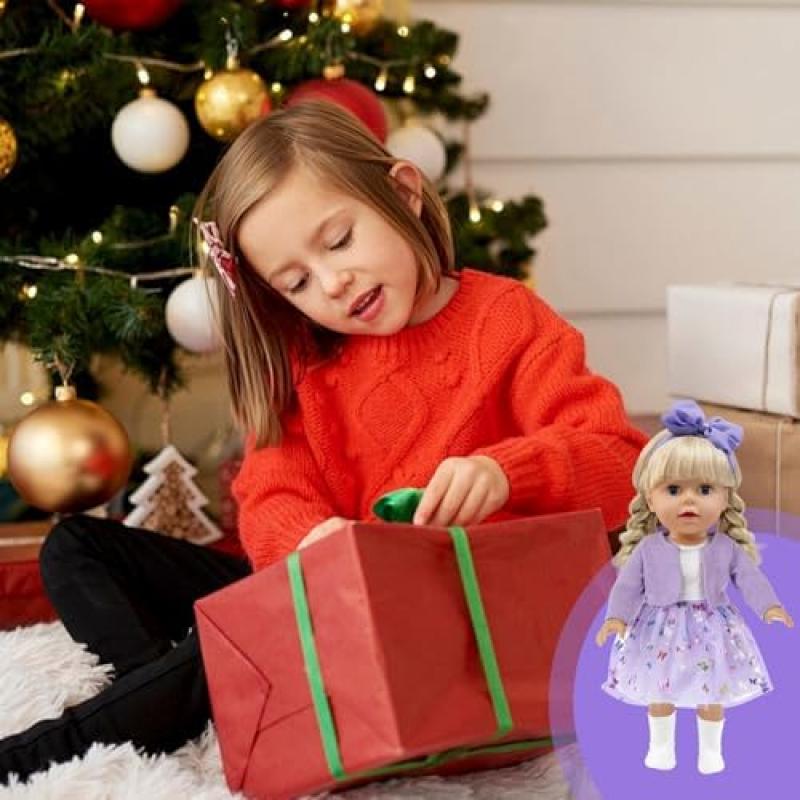 Xerteam 4-Piece Purple Doll Clothes Set for 36-43cm Girl Dolls, Includes Coat Dress Socks Butterfly Headband, 16-18 Inch Doll Accessories Gift